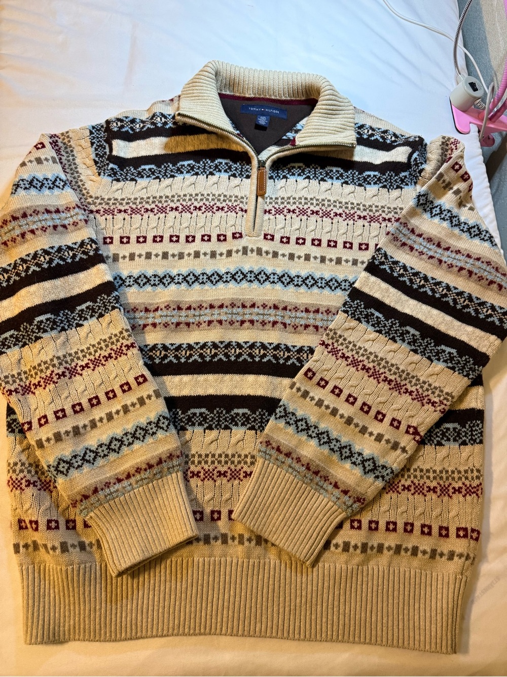 Tommy Hilfiger Beige Patterned Half-Zip Sweater with Black and Burgundy Accents